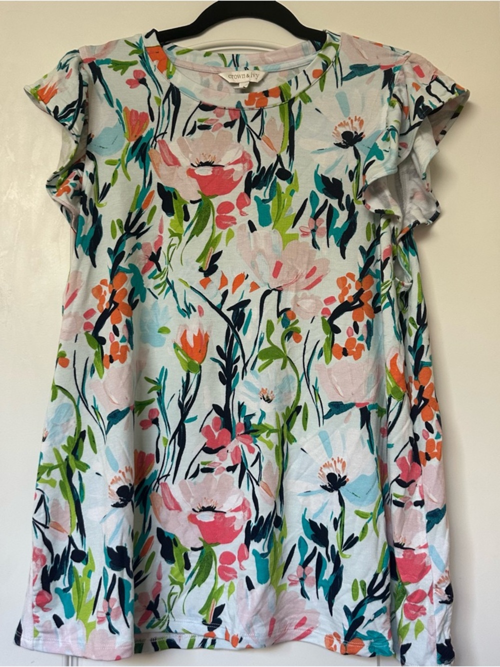 crown & ivy Pastel Floral Flutter Sleeve Tee - Coral, Aqua, Navy